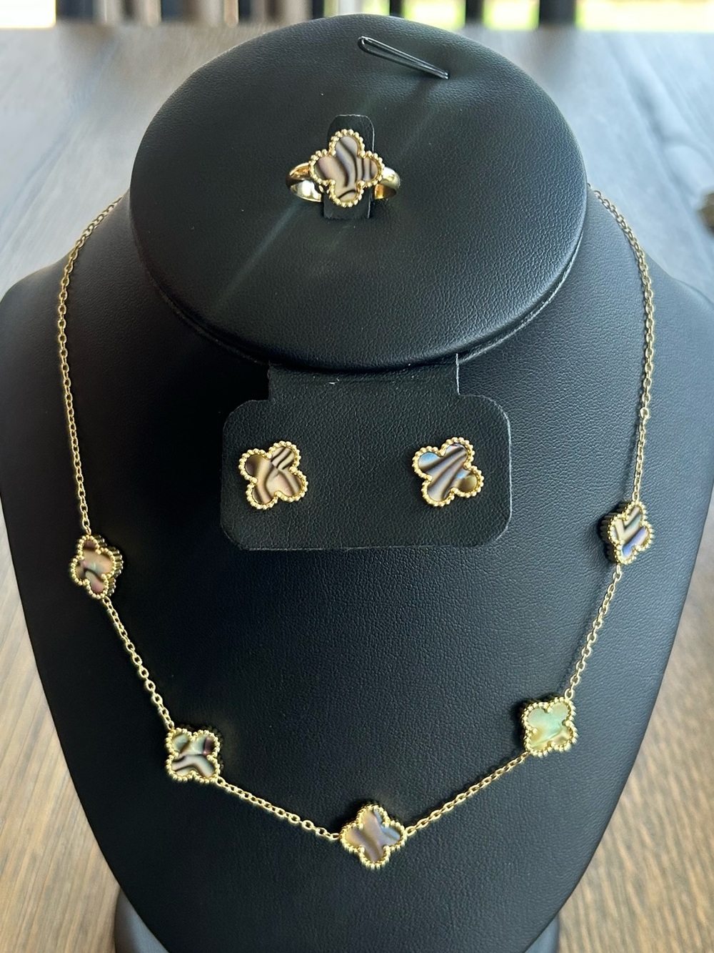Gold Clover Brown Gray Necklace, Earrings & Ring Set